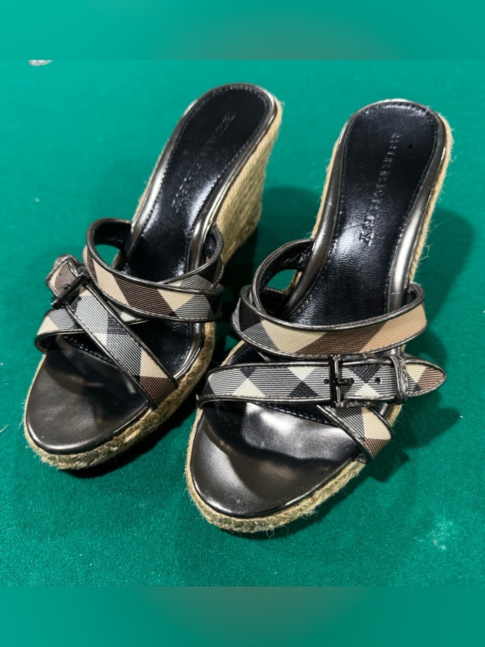 Burberry Black and Brown Check Strappy Espadrille Wedge Sandals